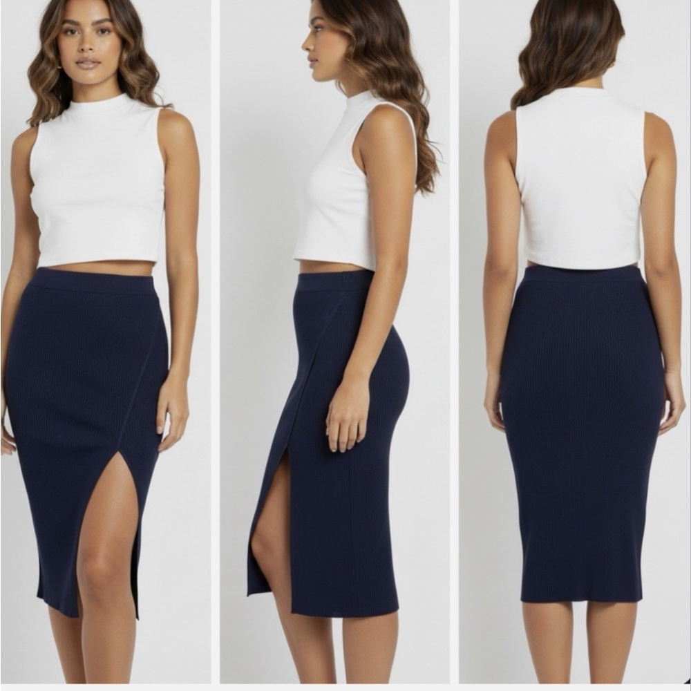 Jonathan Simkhai Navy Ribbed Midi Skirt with Side Slit
